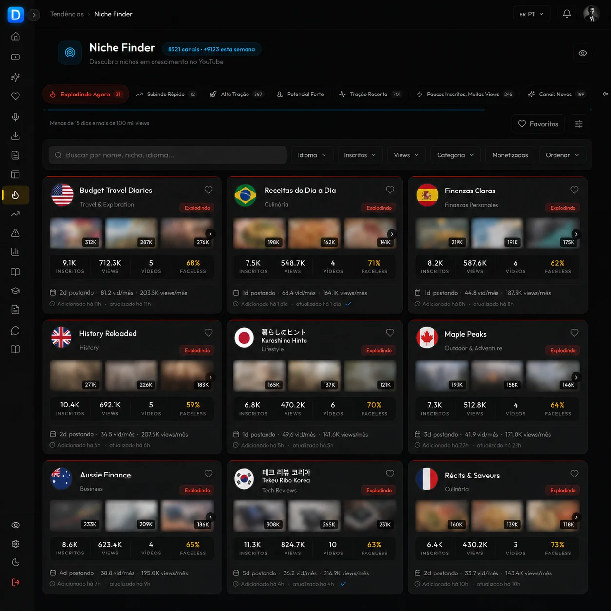 Interface real do Niche Finder no Dark Planner